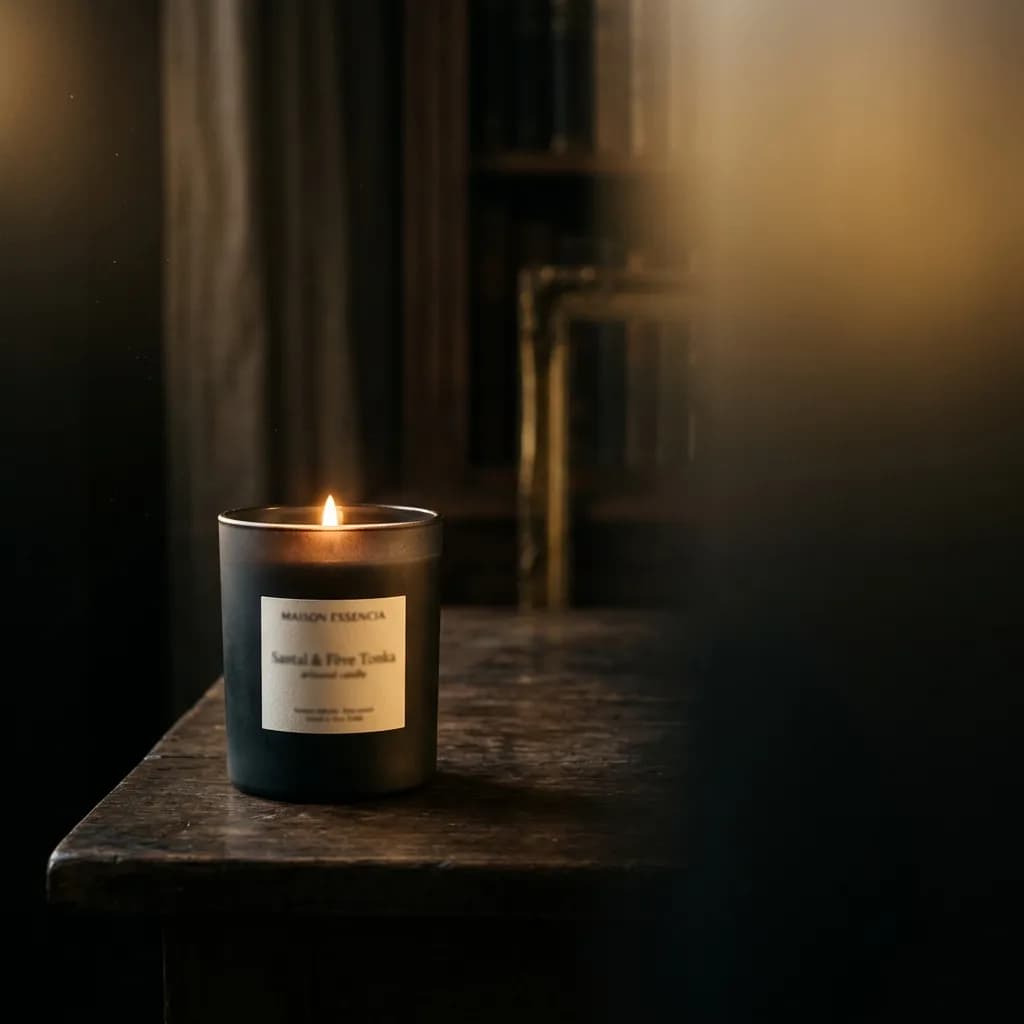 Bougie artisanale brûlant dans un intérieur sombre et raffiné.