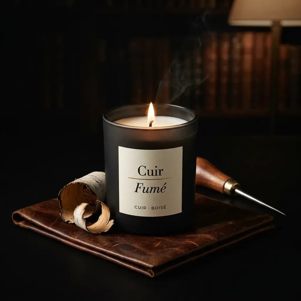 Bougie dans un atelier en cuir, ambiance chaude et tamisée.