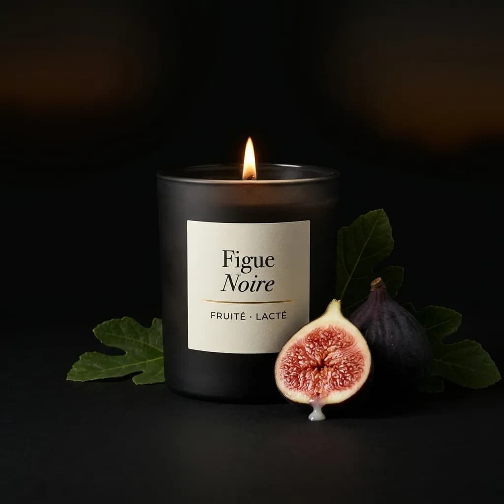Bougie sombre entourée de figues coupées, lumière tamisée.