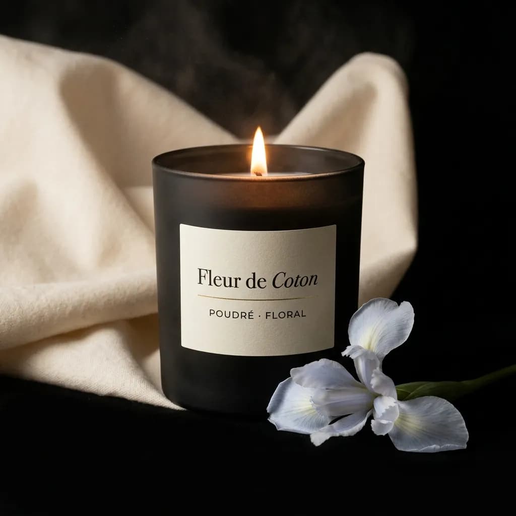 Bougie blanche immaculée sur fond noir, lumière douce et diffuse.
