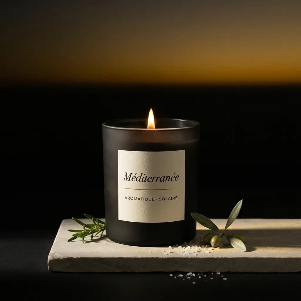 Bougie minérale sur fond pierreux, lumière dorée d'été.