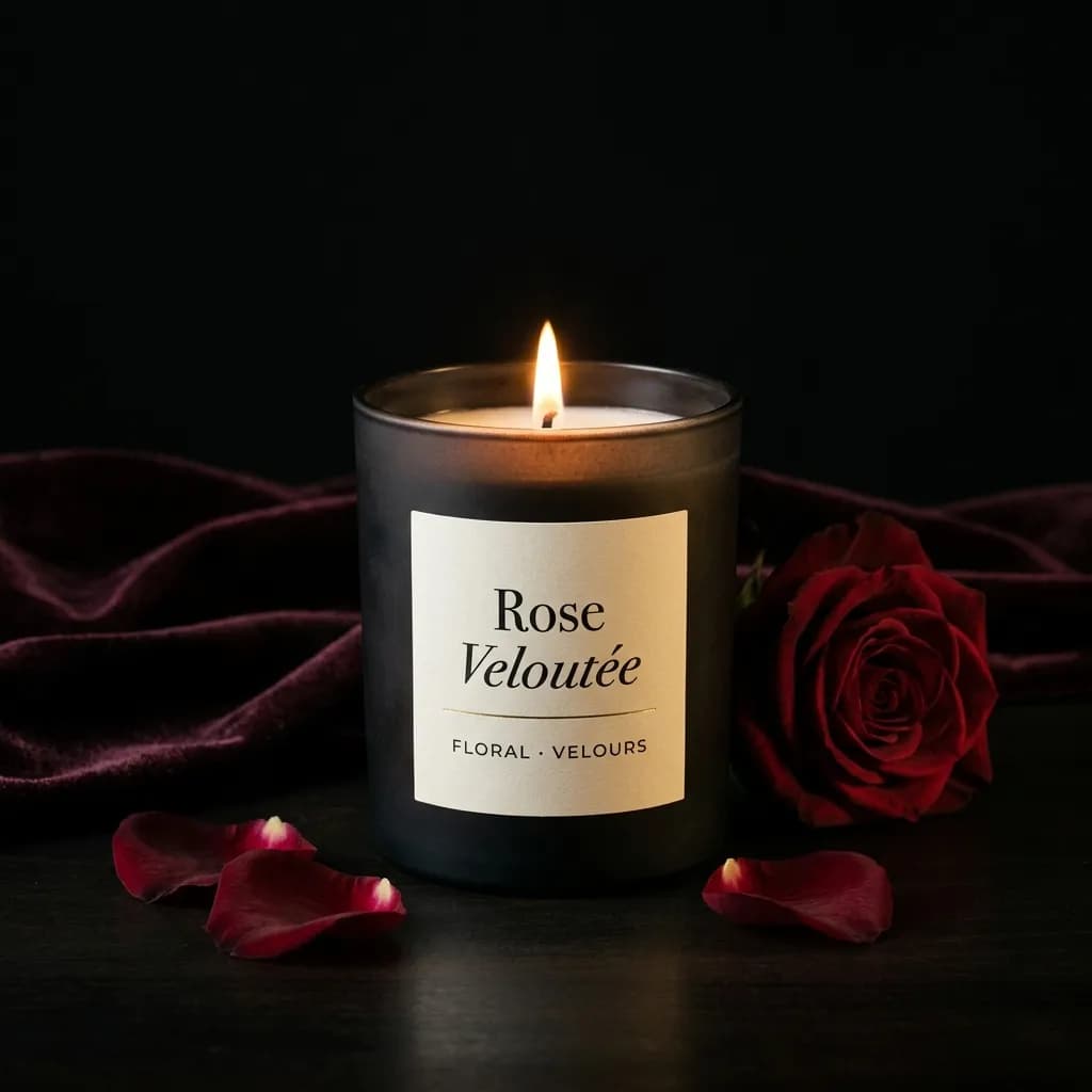 Bougie sombre entourée de pétales de rose, lumière dorée.