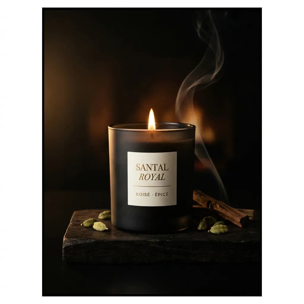 Bougie luxueuse dans un contenant mat sombre posée sur une pierre brute, avec un reflet doré sur le verre.
