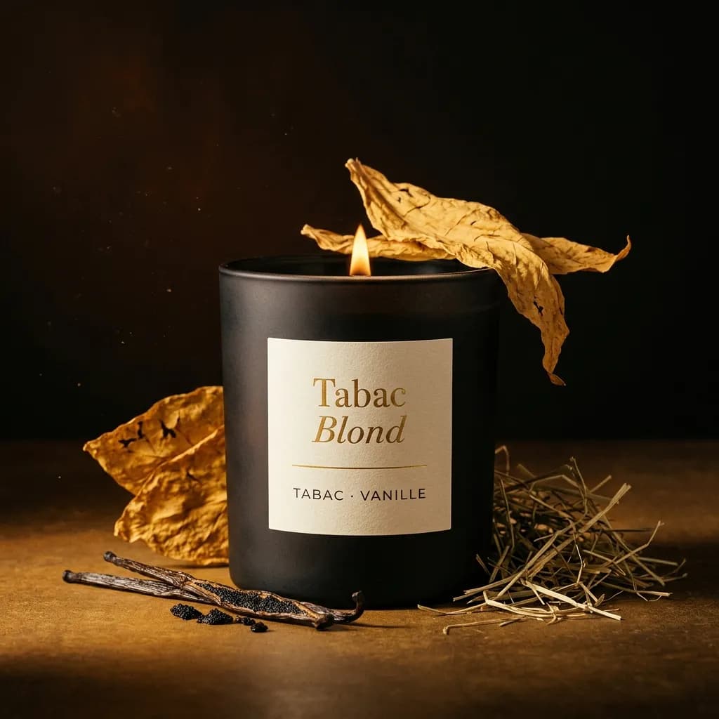 Bougie ambrée dans une grange en bois, ambiance chaleureuse.